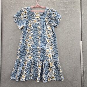 Winnie Fashion Women Dress L Blue Floral Trapeze & Swing Hawaiian Short Sleeve